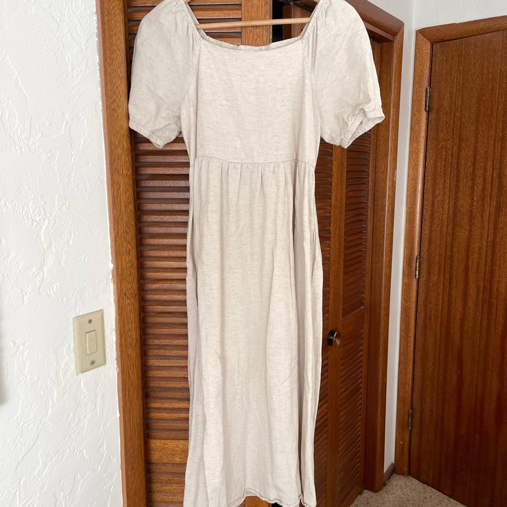Linen blend Cream Puff Sleeve Dress